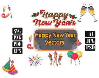 Happy New Year 2024 SVG Bundle Text 2024 Balloon Fireworks Rockets Water Painted Fireworks Children Party Hat Wine Glass Crystal Structure