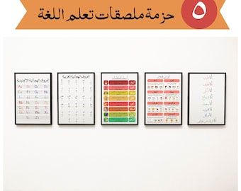 حزمة الملصقات التعليمية: الحروف العربية، الحروف الإنجليزية، كلمات السؤال، أجزاء الكلام، تأكيدات أنا Language Learning in Arabic Kids Posters