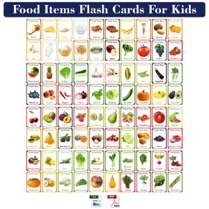 Tarjetas didácticas de frutas, verduras y alimentos para niños: aprenda los nombres de los alimentos en formato JPG y PDF