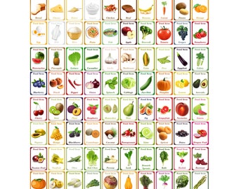 Vegetable Fruit and Food Items Flash Cards for Kids - Learn Food Names JPG and PDF