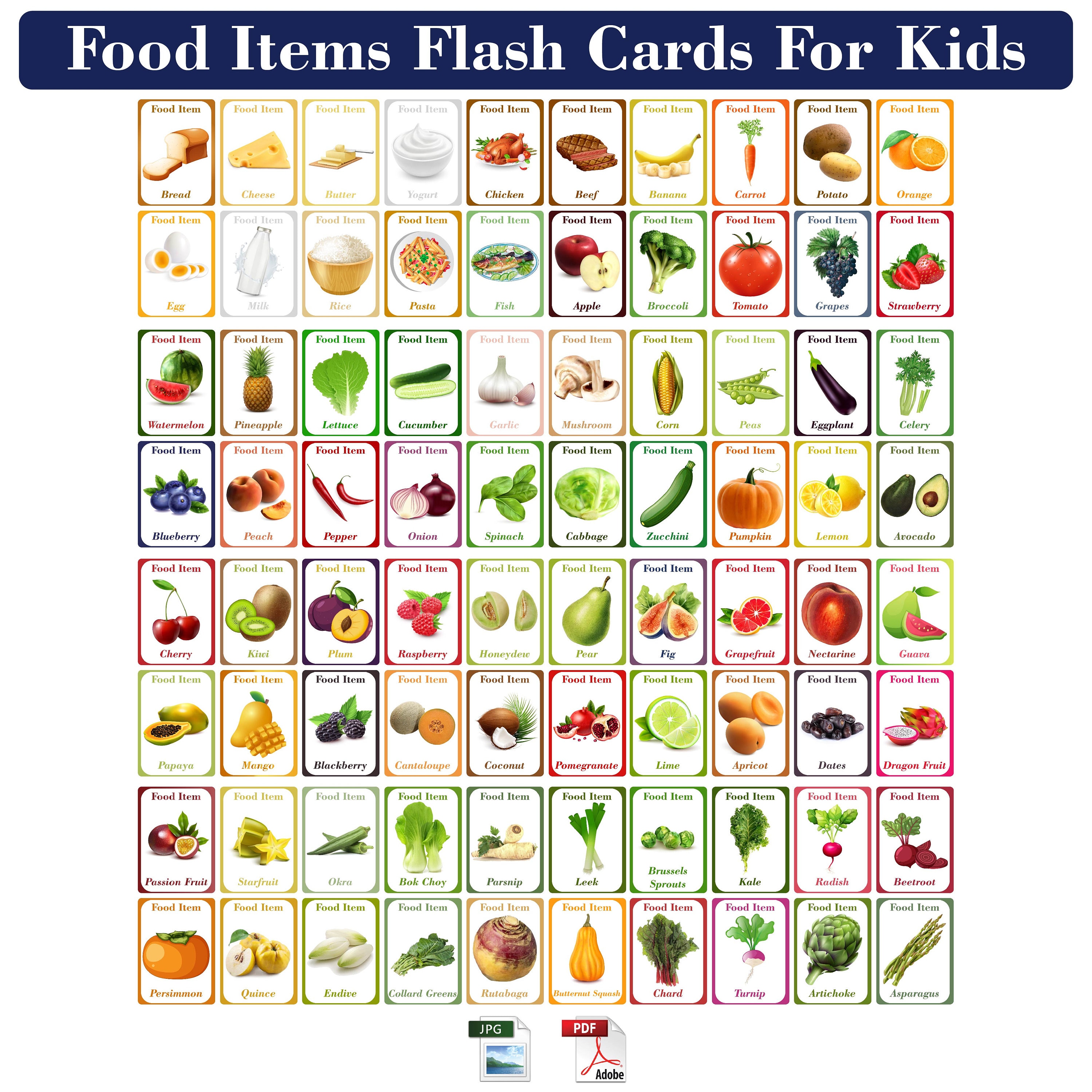 Vegetable Fruit and Food Items Flash Cards for Kids - Learn Food Names JPG and PDF