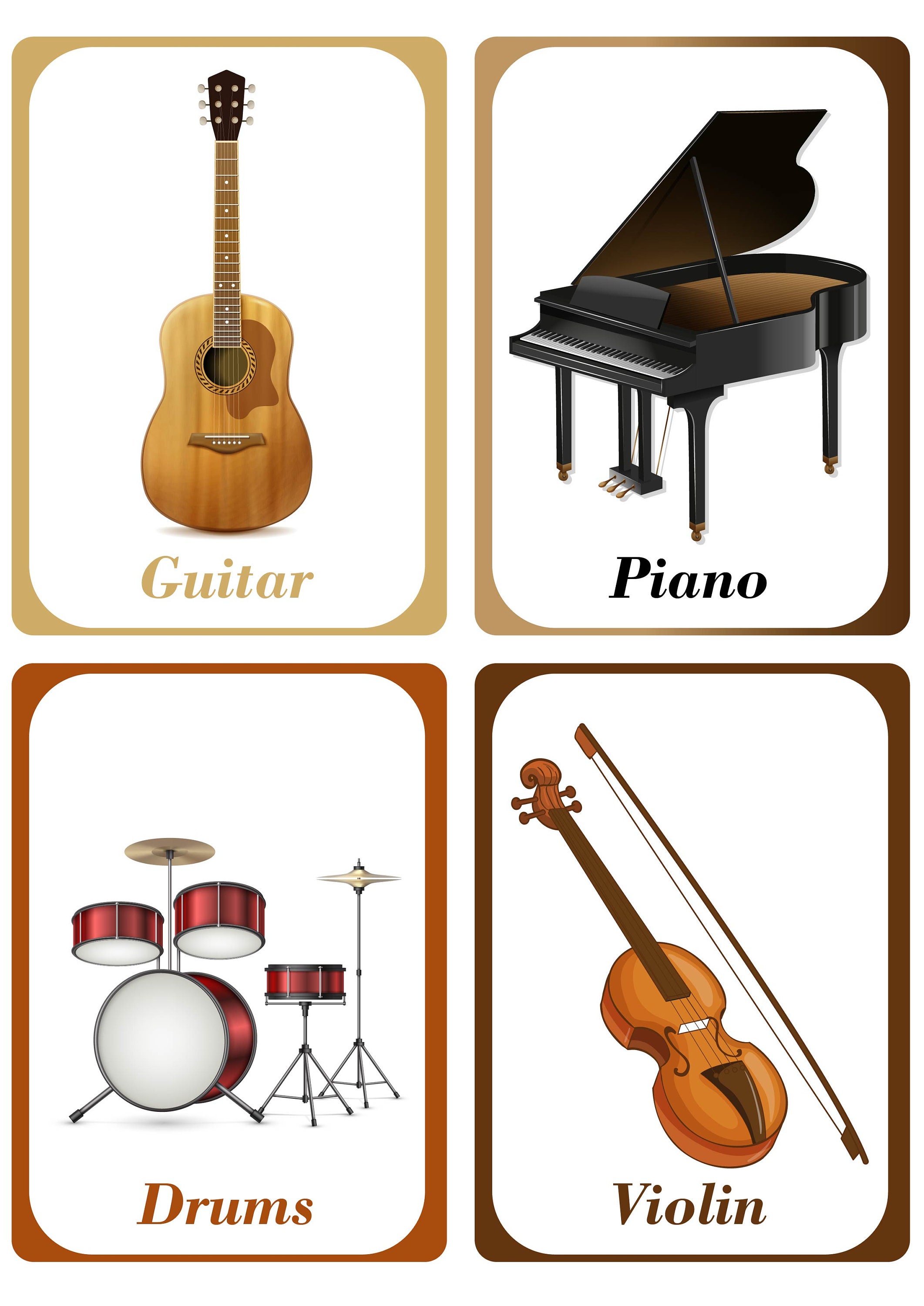 Musical Instruments Flash Cards for Kids - Flute, Guitar, Piano, Drums ...