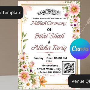 Tarjeta de invitación personalizable y editable para Nikkah: tarjeta de invitación para bodas islámicas / Descarga digital con código QR del lugar NC001O