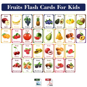 Printable Fruit Flash Cards | Educational Fruit Cards for Kids | Homeschool and Classroom Activity Printable PDF and JPG