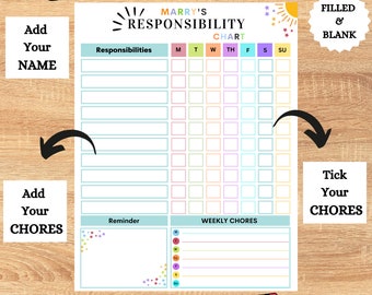 Responsibility Chore Chart for Kids,Kids chore chart,Behavior chart,Daily to do list,kids planner,Daily Weekly Routine,To do list