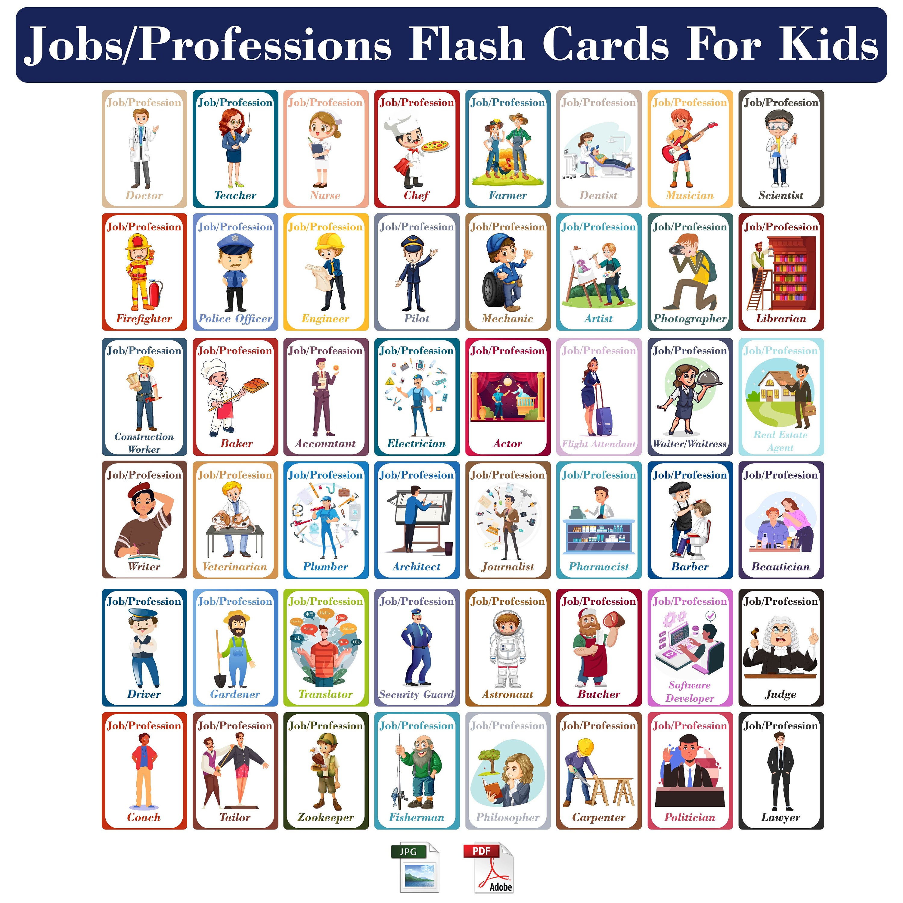 Flashcards teaching children about professions.