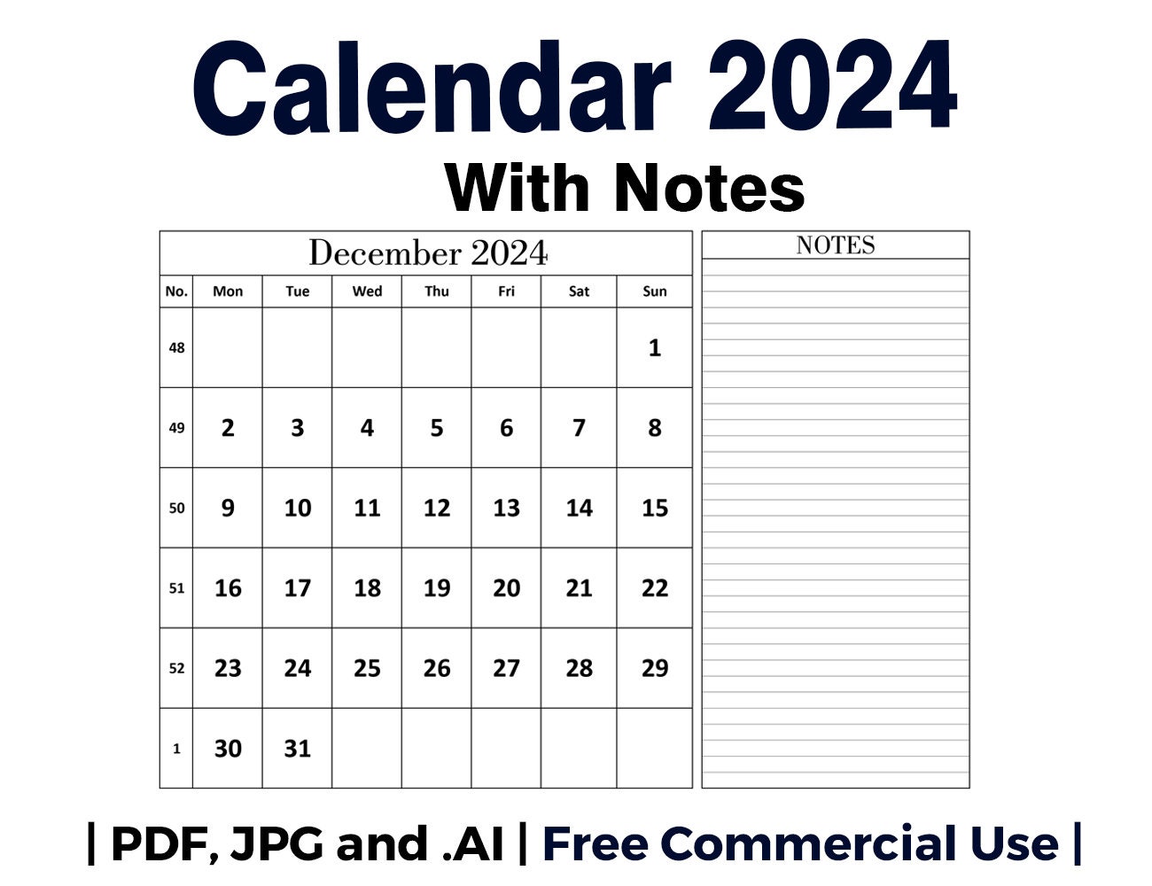Monthly Calendar 2024 With Notes Printable Calandar 2024 Landscape ...