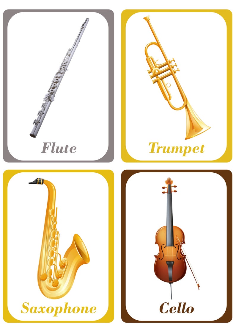Musical Instruments Flash Cards for Kids - Flute, Guitar, Piano, Drums ...