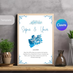 Puede incluir: Una tarjeta de boda imprimible con un diseño de acuarela azul y el texto "Sapna & Umer" y "junio 2024". La tarjeta incluye un diseño de caligrafía árabe y un mensaje deseando lo mejor a la pareja.