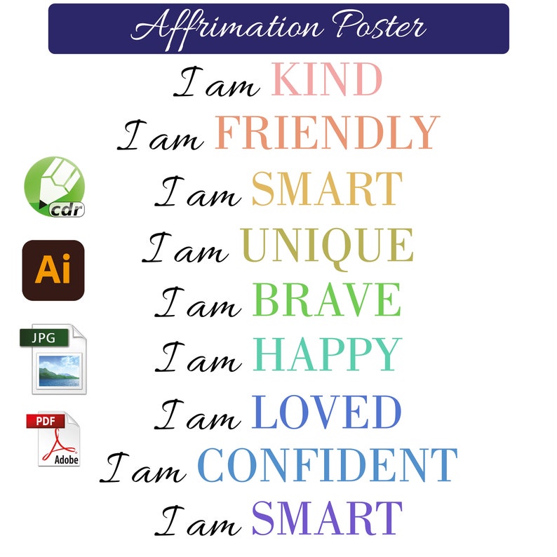 Positive Affirmations Posters for Kids PDF Printable
Here are few affirmative statements
I am Kind
I am friendly
I am Unique
I am Brave
I am Happy
I am Loved
I am Confident
I am Smart