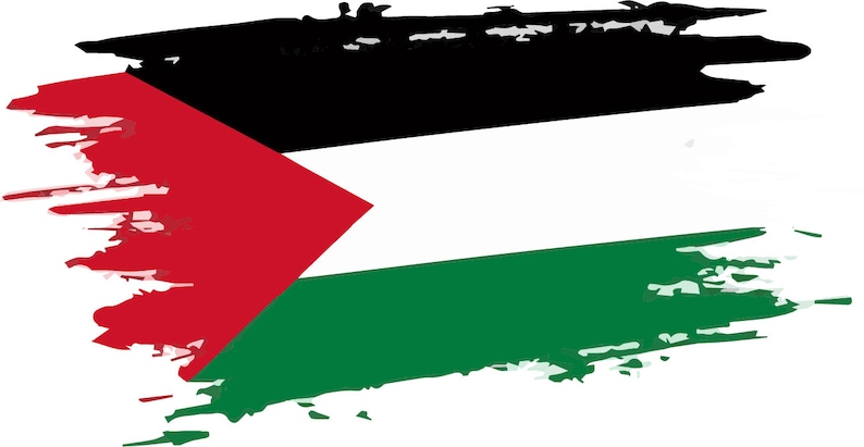 May include: A stylized, abstract depiction of the Palestinian flag. The flag is painted in a brushstroke style with red, white, green, and black colors.