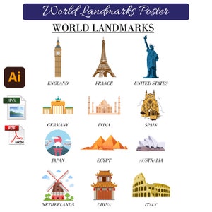 World Landmarks Print Montessori Kids Poster | Display Poster | World Landmarks, Playroom Decor | PDF Nursery Room Decor Kids PDF Printable