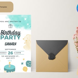 May include: A birthday party invitation with a blue and yellow watercolor background. The invitation says "You are invited to Birthday Party Samara" with the date and time of the party. The invitation also has a cake with a single candle on top.