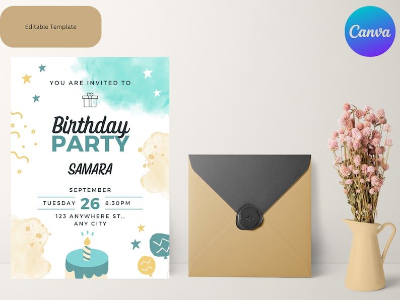 May include: A birthday party invitation with a blue and yellow watercolor background. The invitation says "You are invited to Birthday Party Samara" with the date and time of the party. The invitation also has a cake with a single candle on top.