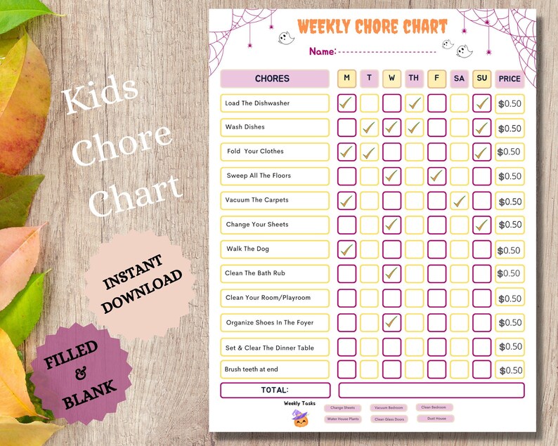 Printable Editable Kids Chore Chart Allowance Tracker Daily - Etsy