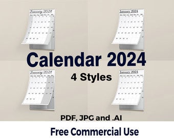 Calendario 2024 Calendario de Pared 2024 Calendario Imprimible 2024 Calendario Paisaje 2024 Callendar Minimalista PDF A3 A4 Letra Lunes y Domingo Estrella