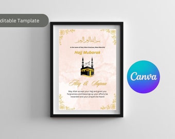 Editable Canva Hajj Mubarak Frame Gift - 2024 Digital Download Elegant Design For Gift Customized Hajj Mubarak Frame HM001O