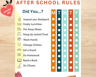 Kids After School Checklist, Daily Routine Chart (Editable PDF) US Letter