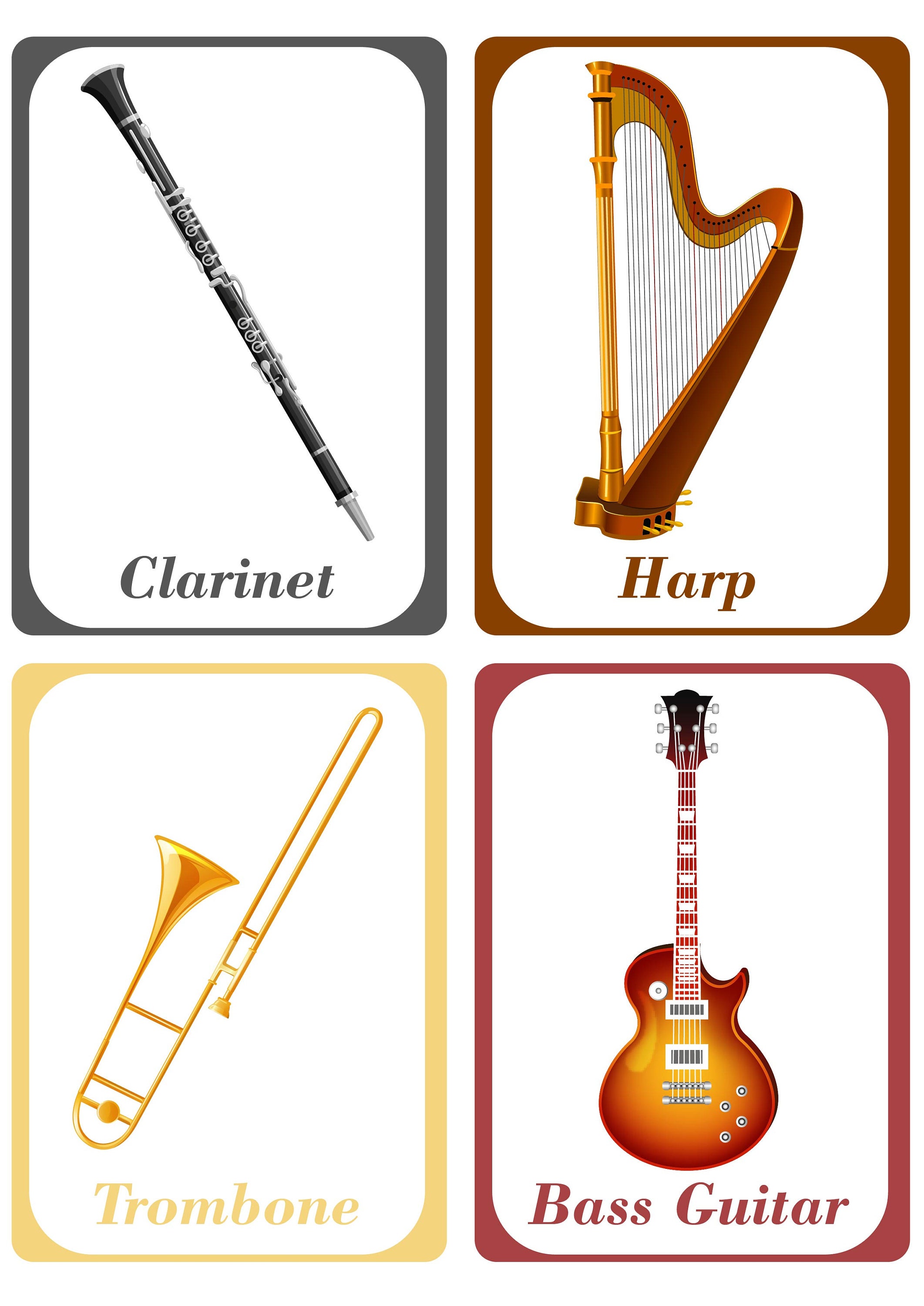 Musical Instruments Flash Cards for Kids - Flute, Guitar, Piano, Drums ...