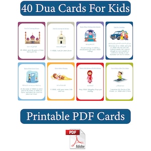 40 Dua-Karten für Kinder Tägliche Flash-Karte Arabisch und Englisch Druckbare PDF Dua-Aufkleber Dua für Kinder Islamische dua png Bündel Dua-Sticker
