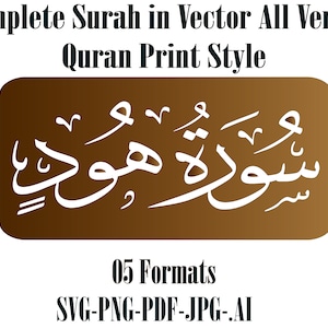 May include: A brown rectangle with white Arabic calligraphy that reads "Surah Al-Fatiha" in a traditional Quran print style. The text is surrounded by a brown border. The image includes the text "Complete Surah in Vector All Verses Quran Print Style" and "05 Formats SVG-PNG-PDF-JPG-AI".