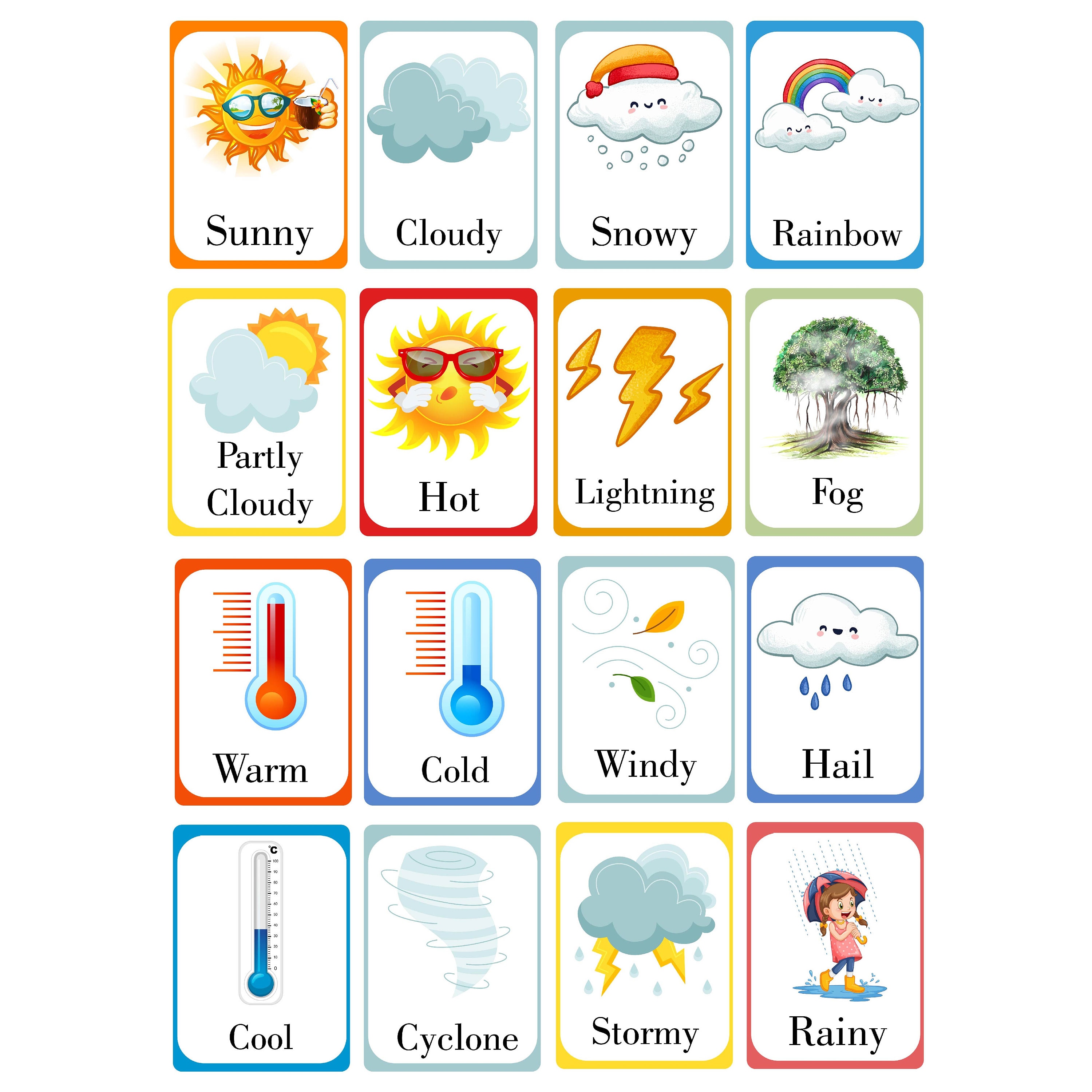 Weather Flashcards, Kids Learning Cards, Printable Educational Game ...