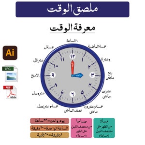 ملصق تعليم الوقت للأطفال، تنزيل فوري بتنسيق PDF JPG قابل للطباعة Telling Time Kids Posters Arabic