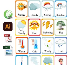 Weather Cards / Flashcards For Kids Printable PDF JPEG CDR Ai Early Learning Preschool Weather Change, A4 Page 4 Cards on Each Page