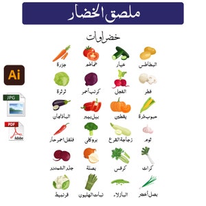 Vegetables Arabic Kids Posters ملصق الخضروات للأطفال قابل للطباعة والتحميل الفوري مصادر تعليمية للمدرسة الابتدائية الخضروات بوستر