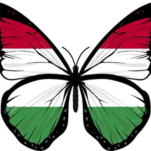 May include: A butterfly with wings in the colors of the Hungarian flag: red, white, and green. The butterfly has black markings on its wings.