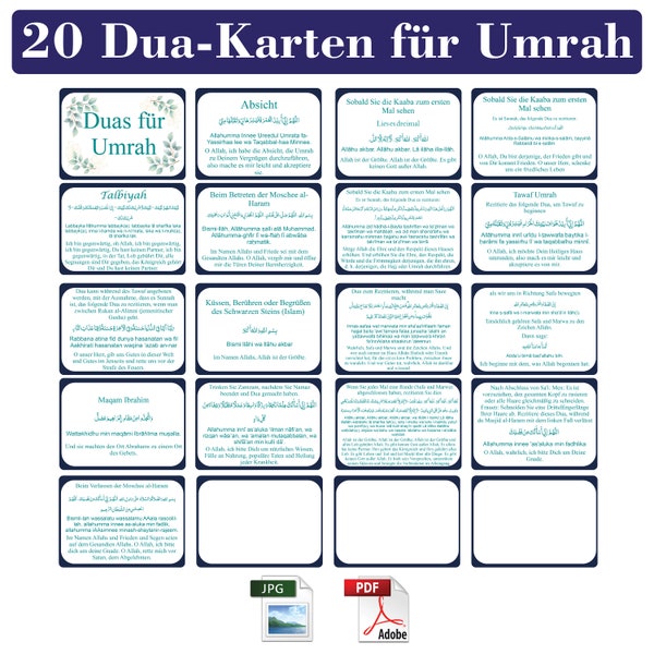 Deutsche Dua Karte A4-Seite | Flash-Karte Arabisch nach Deutsch | Druckbares PDF | Sofortiger Download | Umrah Karteikarten Digital |