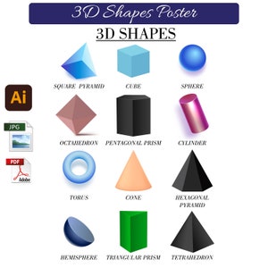 3D-Formen Kinder Poster Frühpädagogik für Kinder und Kleinkinder Druckbare PDF JPG und bearbeitbare Adobe Illustrator.Ai-Datei Vorschule Lernen zu Hause