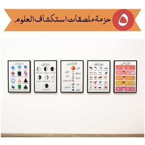 تحتوي حزمة استكشاف العلوم على أشكال ثلاثية الأبعاد ومراحل القمر والنظام الشمسي والمحيط والحواس الخمس Basic Science Arabic Kids Poster Bundle