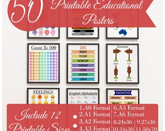Educational Kids Posters, Set of 50, Nursery Wall Art (Digital Download)