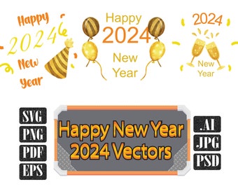Gelukkig Nieuwjaar 2024 SVG bundel 3 verschillende ontwerpen 2024 wijnglas ballon thema's Instant Download Clipart