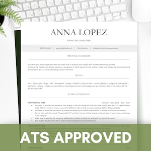 May include: A black and green resume template with the text "ATS APPROVED" in large white letters. The resume is for a front-end developer named Anna Lopez.