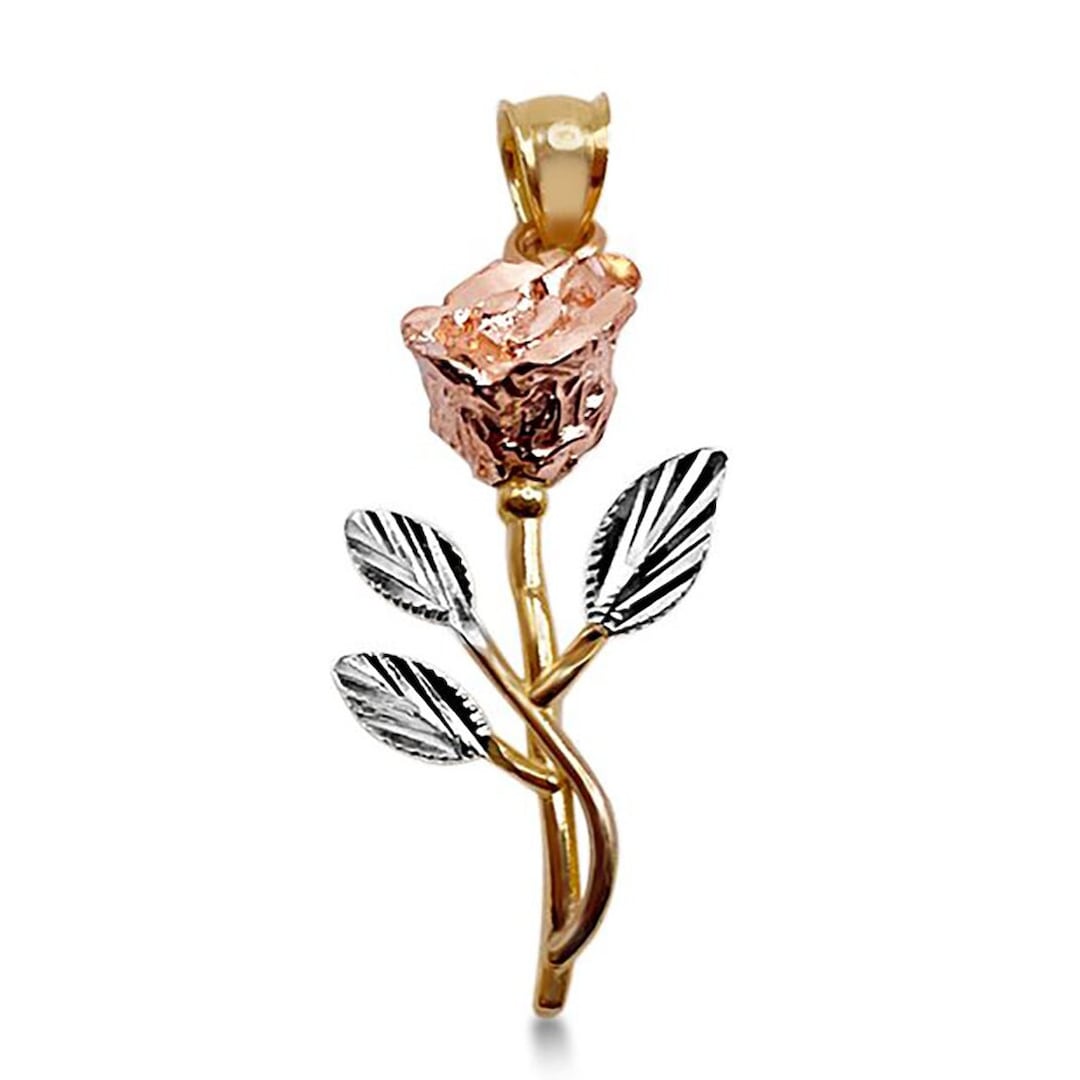 Authentic 14K Gold Rose Pendant| Three Tone Rose Charm Yellow, White ...