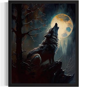 Wolf howling Art Print, Scary Spooky Gothic Wall Art Painting Decor Photo