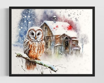 Winter Owl and Barn Watercolor Art Print, Winter Owl and Barn Wall Art Poster, Original Artwork  by Artist