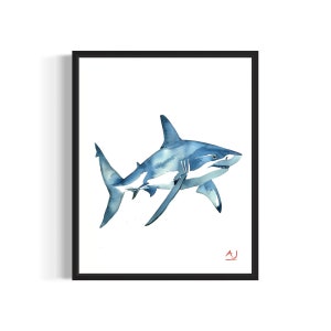Hai Poster Kunst Druck, Aquarell Meereskreatur Tier Malerei Wanddeko signiert vom Künstler