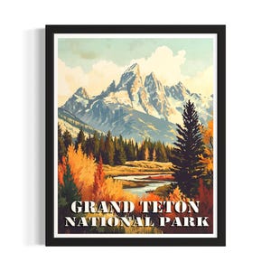 Grand Teton Vintage National Park Poster Art Print, Living Room Wall Art Poster, Original Painting Artwork Decor