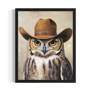 Great Horned Owl Animal Cowboy Poster Art Print, Living Room Wall Art Poster, Original Painting Artwork Decor
