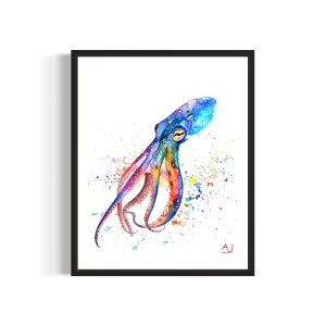 Póster de calamar, impresión artística, acuarela, criatura marina, pintura decorativa para pared, firmado por el artista