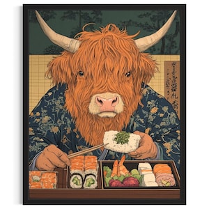 Highland Cow Animal Kitchen Sushi Poster Art Print, Kitchen Wall Art Poster, Original Painting Artwork Decor