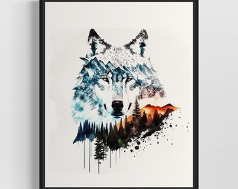 Wolf and Nature Watercolor Art Print, Wolf and Nature Wall Art Poster, Original Artwork  by Artist