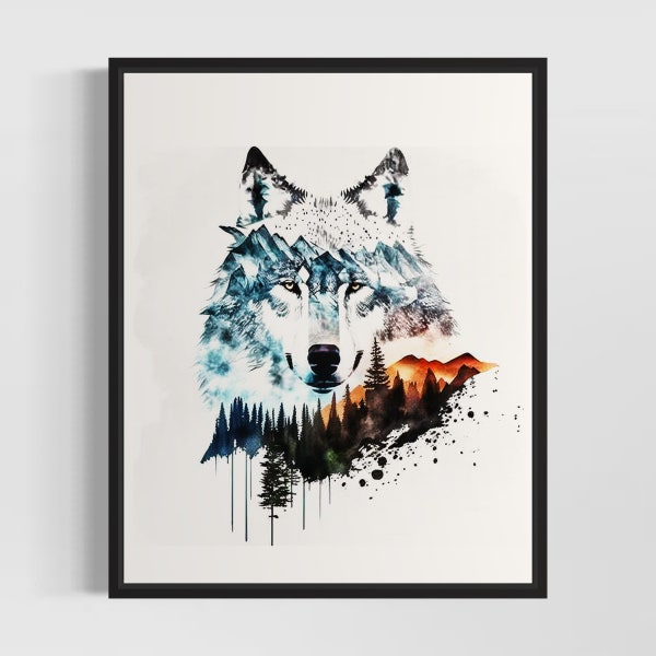 Wolf and Nature Watercolor Art Print, Wolf and Nature Wall Art Poster, Original Artwork  by Artist