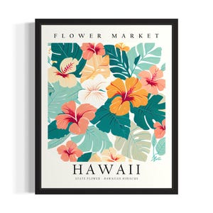 Hawaii bloemenmarkt staten kunstafdruk, woonkamer muur kunstposter, origineel schilderij artwork decor