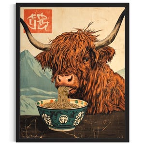 Highland Cow Animal Kitchen Ramen Poster Art Print, Kitchen Wall Art Poster, Original Painting Artwork Decor