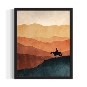 Cowboy and horse on a ridge Cowboy Poster Art Print, Living Room Wall Art Poster, Original Painting Artwork Decor