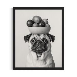 Pug with Fruit Plate Kitchen Dog Poster Art Print, Kitchen Wall Art Poster, Original Painting Artwork Decor